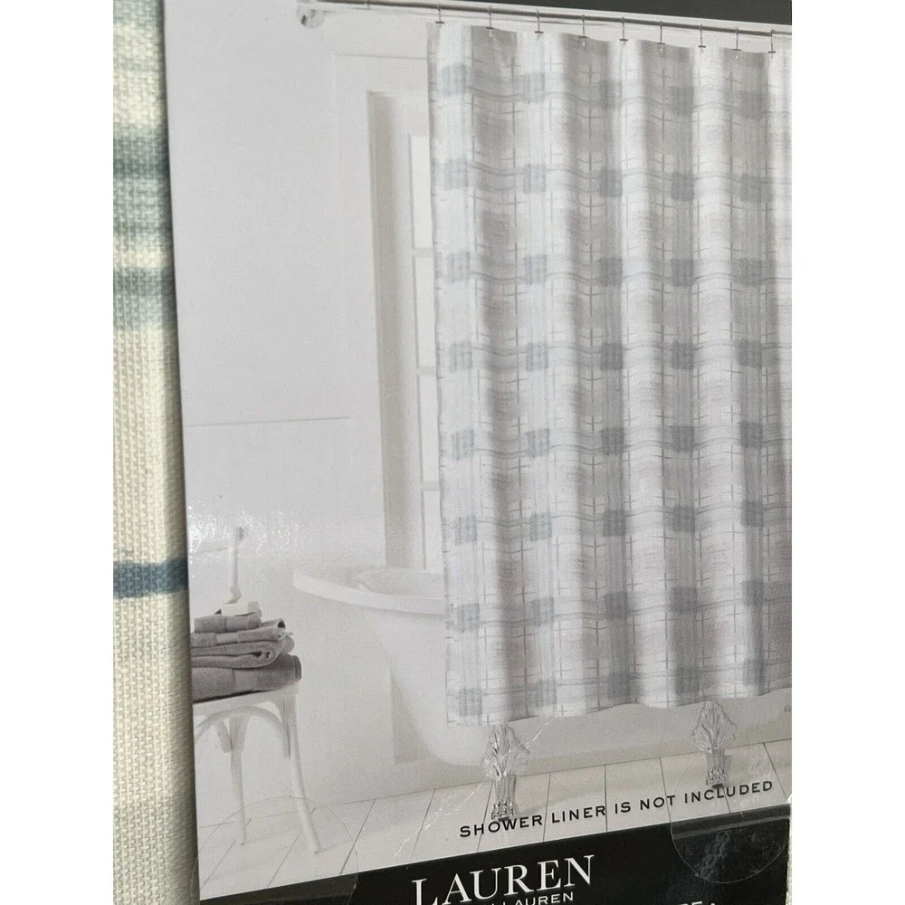New Ralph Lauren Shower Curtain Watercolor Check Blue White Geometric Cotton